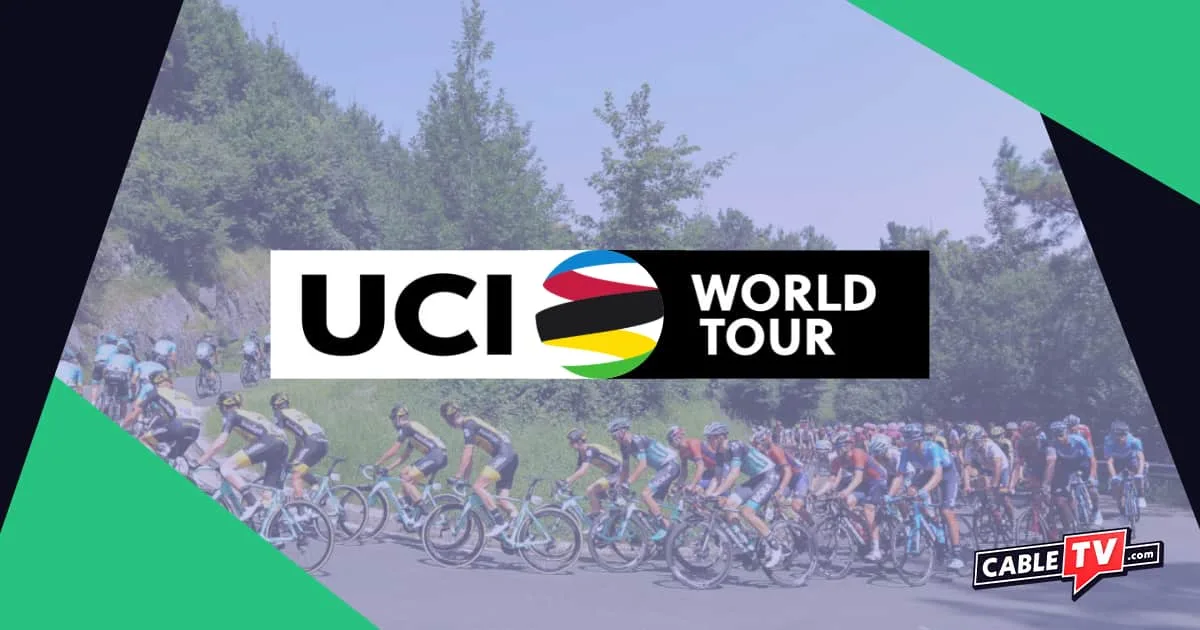 UCI World Tour logo with still image of many cyclists in background