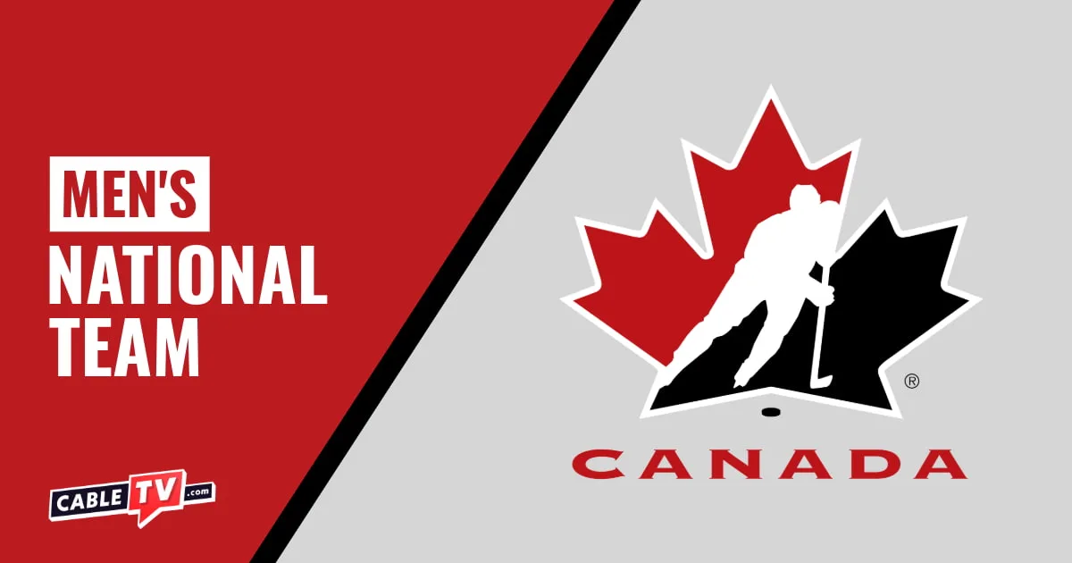Canada Hockey logo on gray background and Men's National Team on red on the left