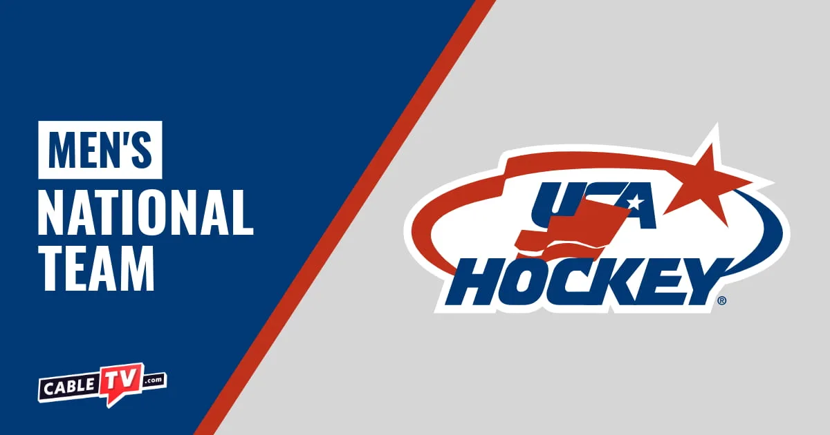 USA Hockey on gray background with Men's National Team on blue background to the left