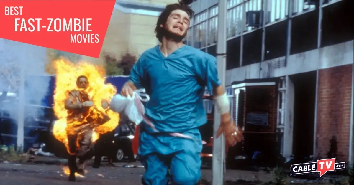 A flaming zombie chasing a man wearing hospital scrubs.