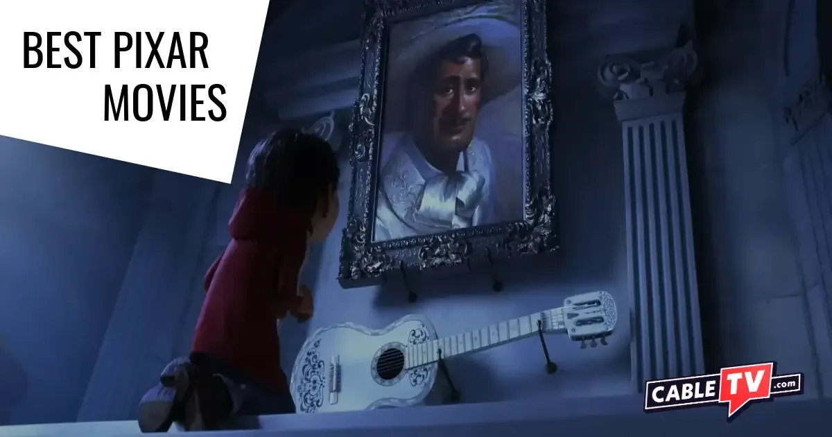 A boy with a guitar kneels before a shrine dedicated to a musician.