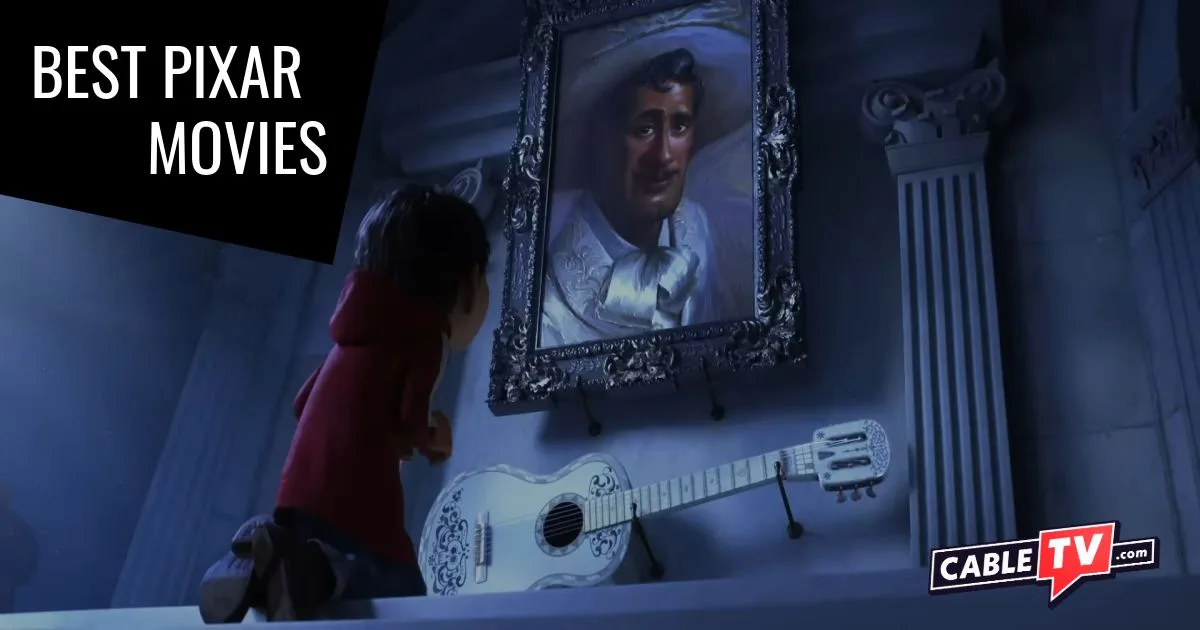 A boy with a guitar kneels before a shrine dedicated to a musician.