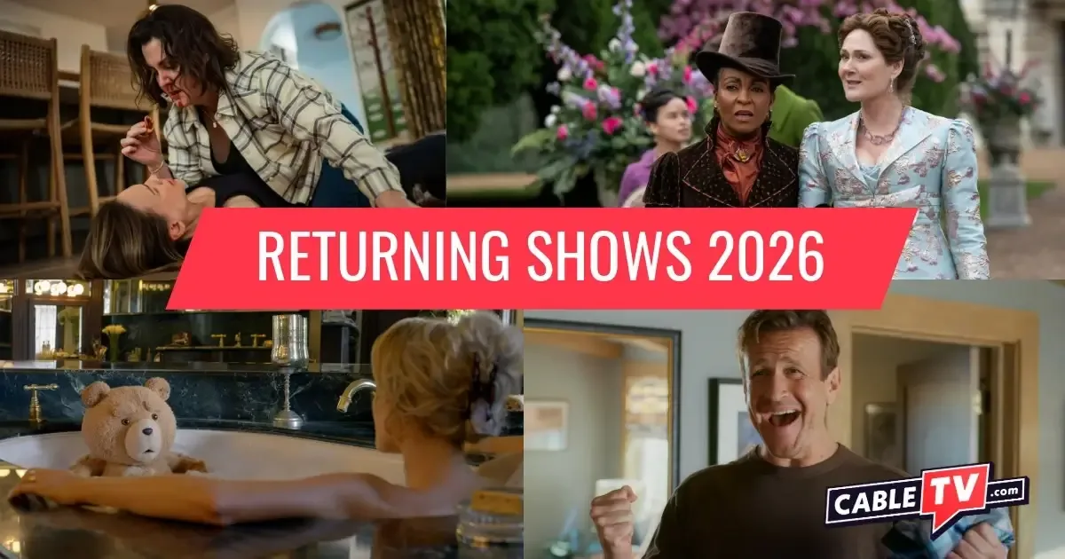 A collage of still images from returning 2026 TV shows, including Yellowjackets, Bridgerton, Ted, and Shrinking.