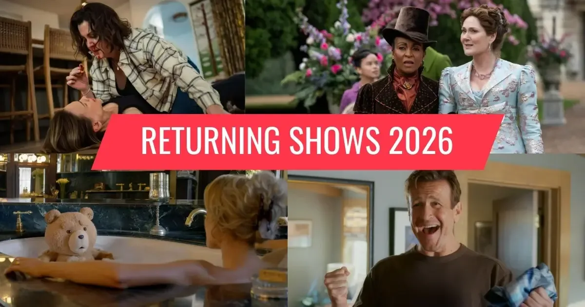 A collage of still images from returning 2026 TV shows, including Yellowjackets, Bridgerton, Ted, and Shrinking.