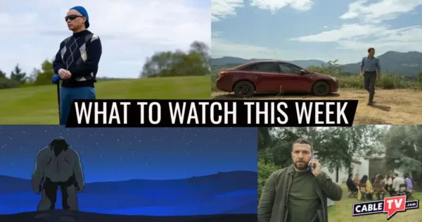 A collage of images from Industry, The Night Manager, Genndy Tartakovsky’s Primal, and Alpha Males, shows covered in CableTV.com’s What to Watch This Week column for Jan. 5–11.