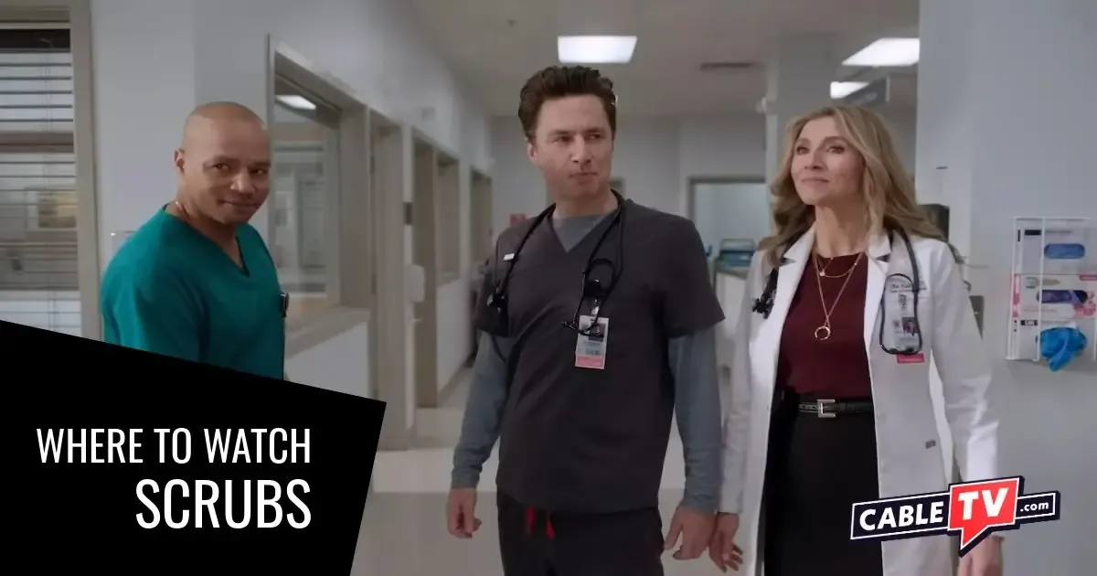 In a scene from the Scrubs revival teaser trailer, three doctors stand triumphantly side-by-side.