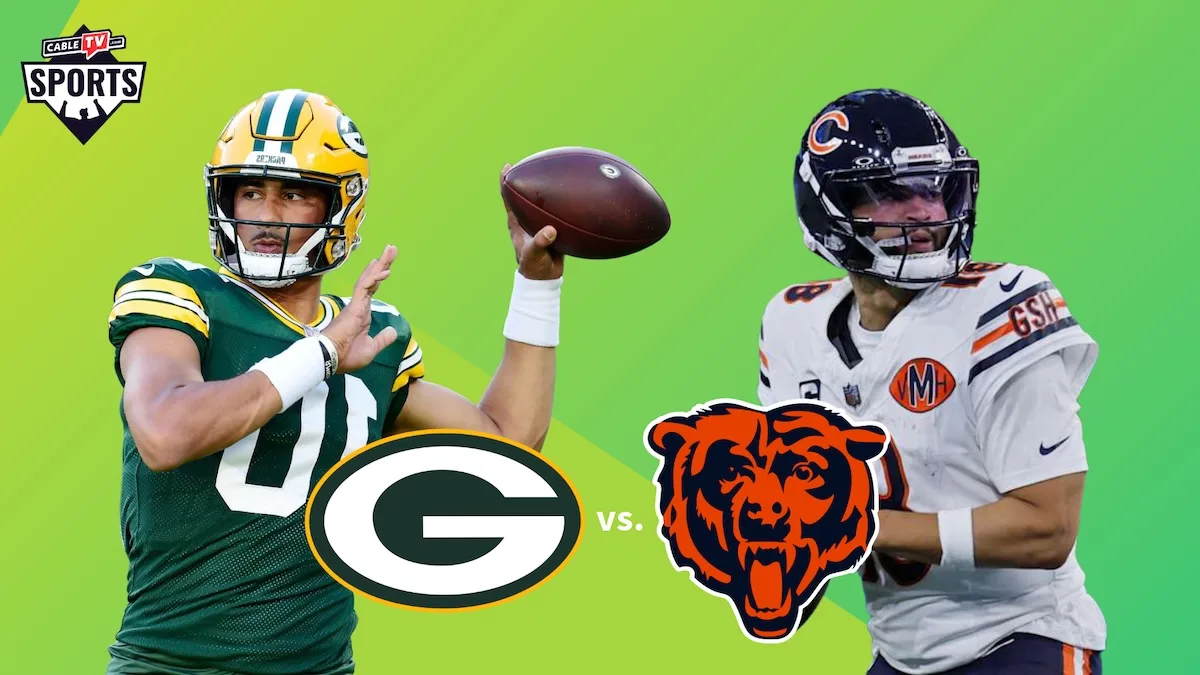Star players for the Green Bay Packers and Chicago Bears with a bright green background