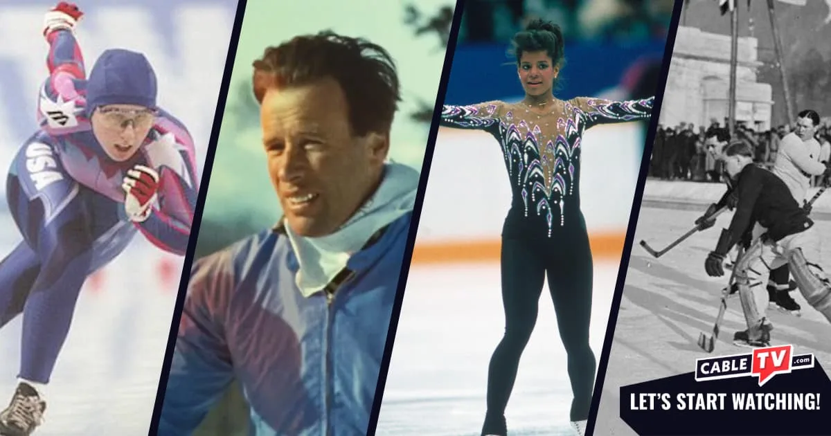 A photo collage showing scenes from various official Winter Olympics documentaries.