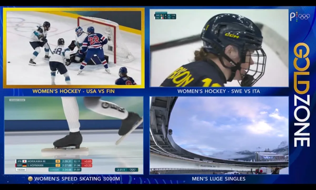 The Gold Zone quad box feature displays four live Olympic events simultaneously on a single screen.