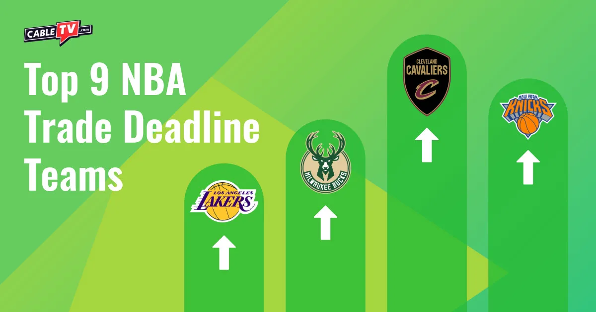 The logos of the Los Angeles Lakers, Milwaukee Bucks, Cleveland Cavaliers, and New York Knicks with up arrows underneath each, on a green gradient background.