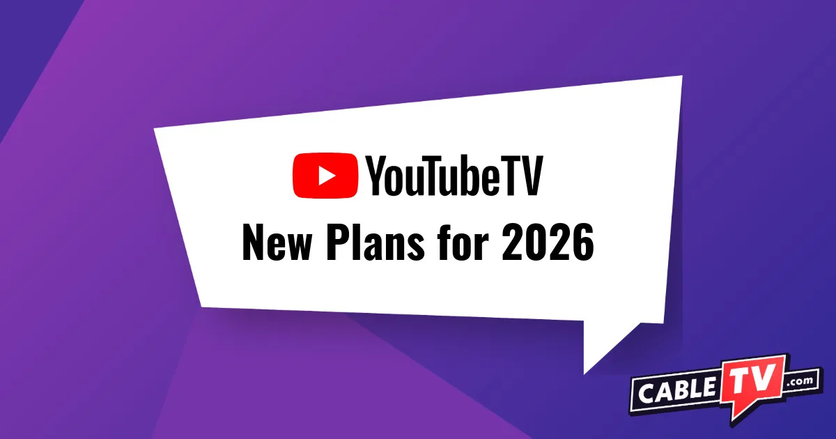 YouTube TV logo on a purple background with the text "New Plans for 2026."