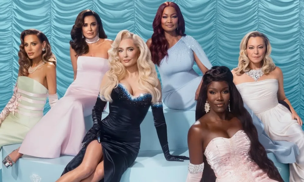 Real Housewives of Beverly Hills Six women in Hollywood glam sitting against a blue background.