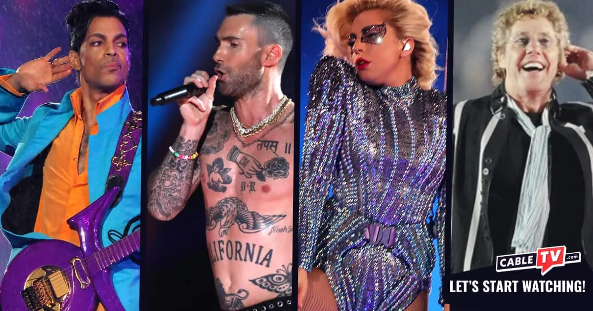 A split-screen collage featuring Prince playing guitar in the rain, Adam Levine shirtless on stage, Lady Gaga attached to a harness, and Roger Daltrey of The Who.