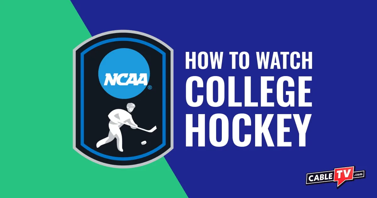 NCAA Hockey logo on split blue and green background