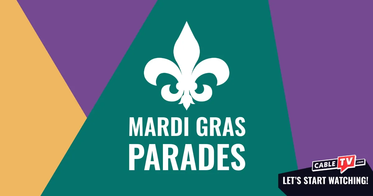 Mardi Gras fleur de lis on colorful background of purple, gold, and teal.