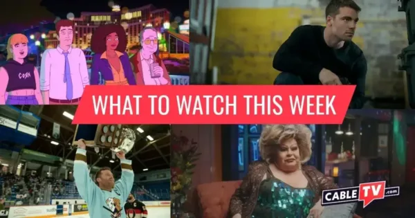 What to Watch This Week - Feb. 16–22 A collage of images from "Strip Law," "The Night Agent," "Shoresy," and "Murder in Glitterball City," shows covered in CableTV.com’s What to Watch This Week column for Feb. 16–22.