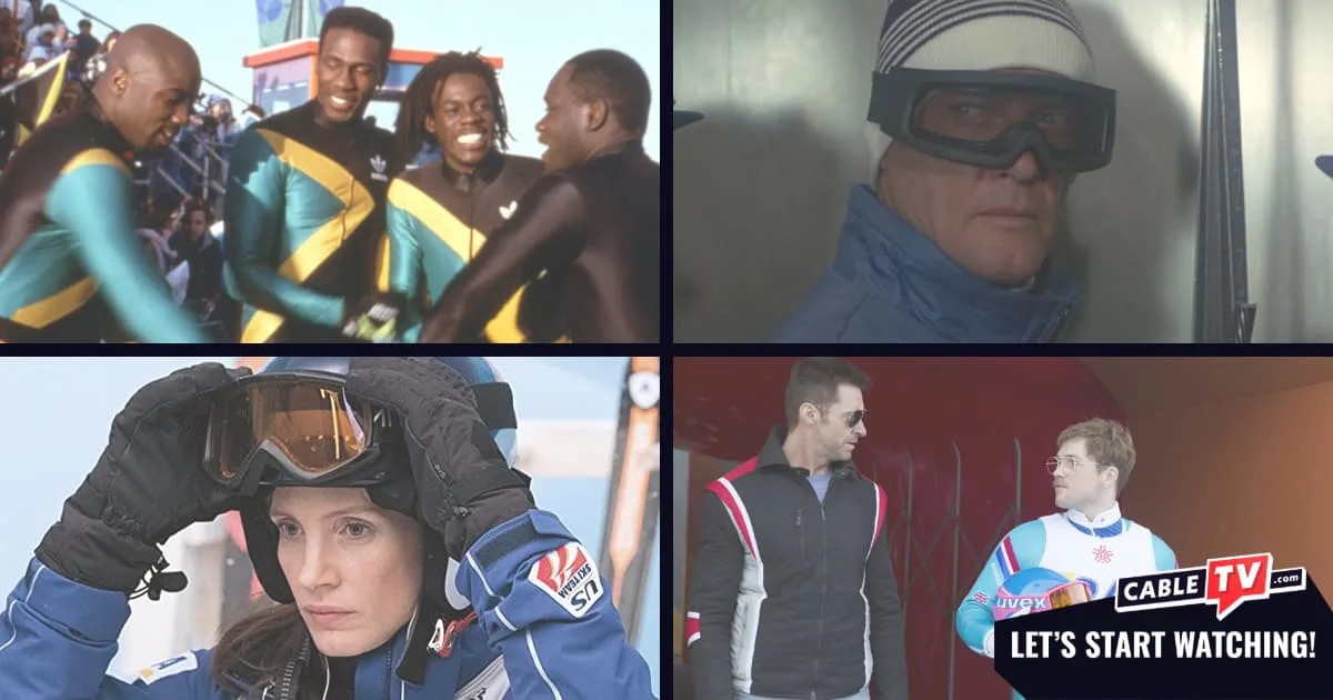 A four-panel collage featuring scenes from winter sports movies Cool Runnings, For Your Eyes Only, Molly's Game, and Eddie the Eagle.
