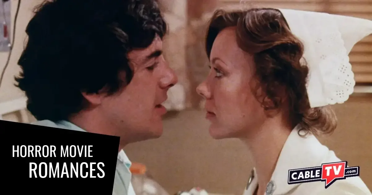 In a hospital room, a male patient and a nurse look deeply into each other's eyes in a scene from "An American Werewolf in London," part of CableTV.com's "23 Horror Romances."
