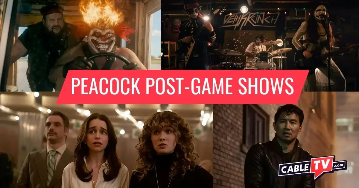 A collage of images from Twisted Metal, Hysteria!, PONIES, and The Copenhagen Test, shows recommended in What to Watch on Peacock After the Super Bowl.