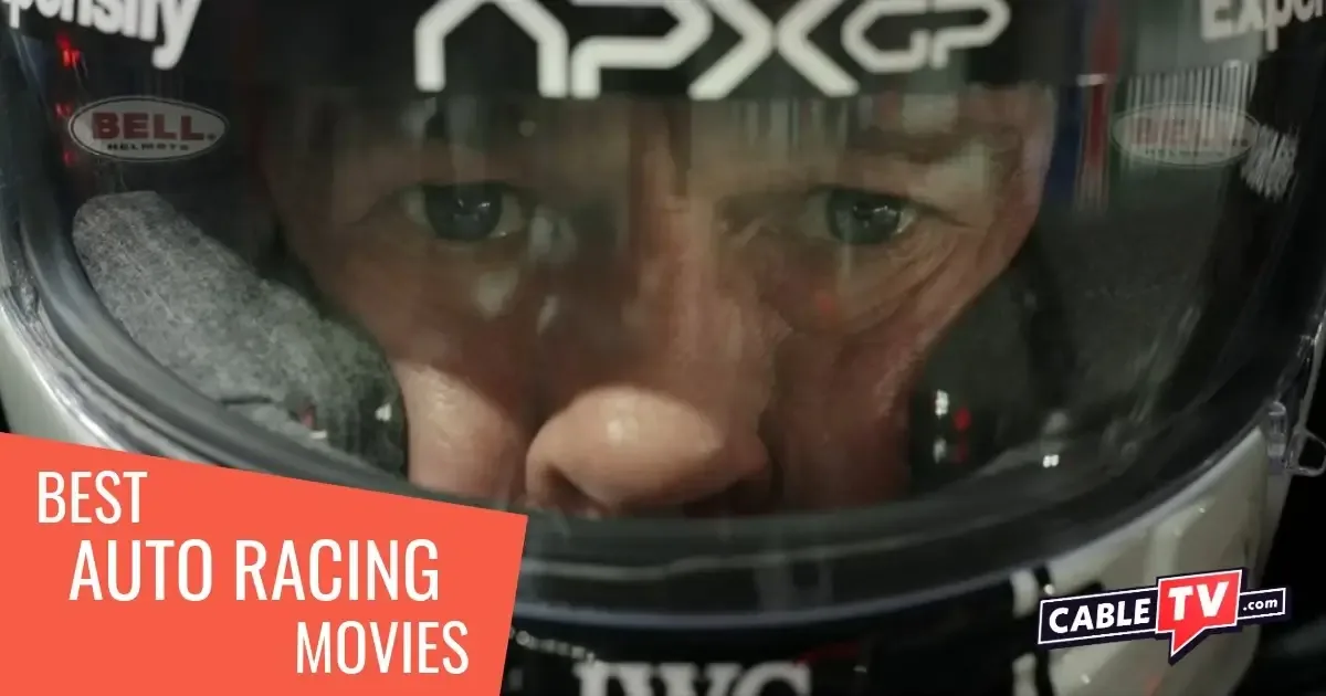 An extreme close-up of Brad Pitt wearing a racing helmet and staring intensely.