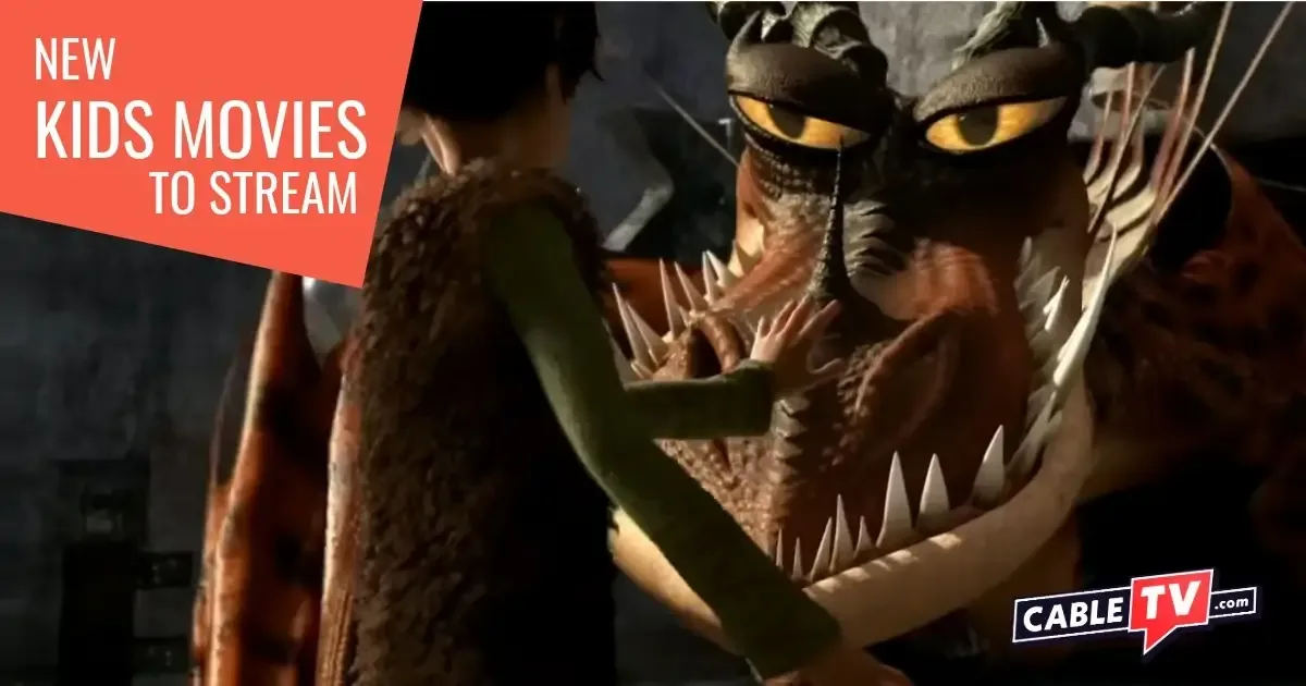 A boy appears to tame a large dragon in a scene from How to Train Your Dragon, one of the Best New Kids Movies to Stream in February 2026.