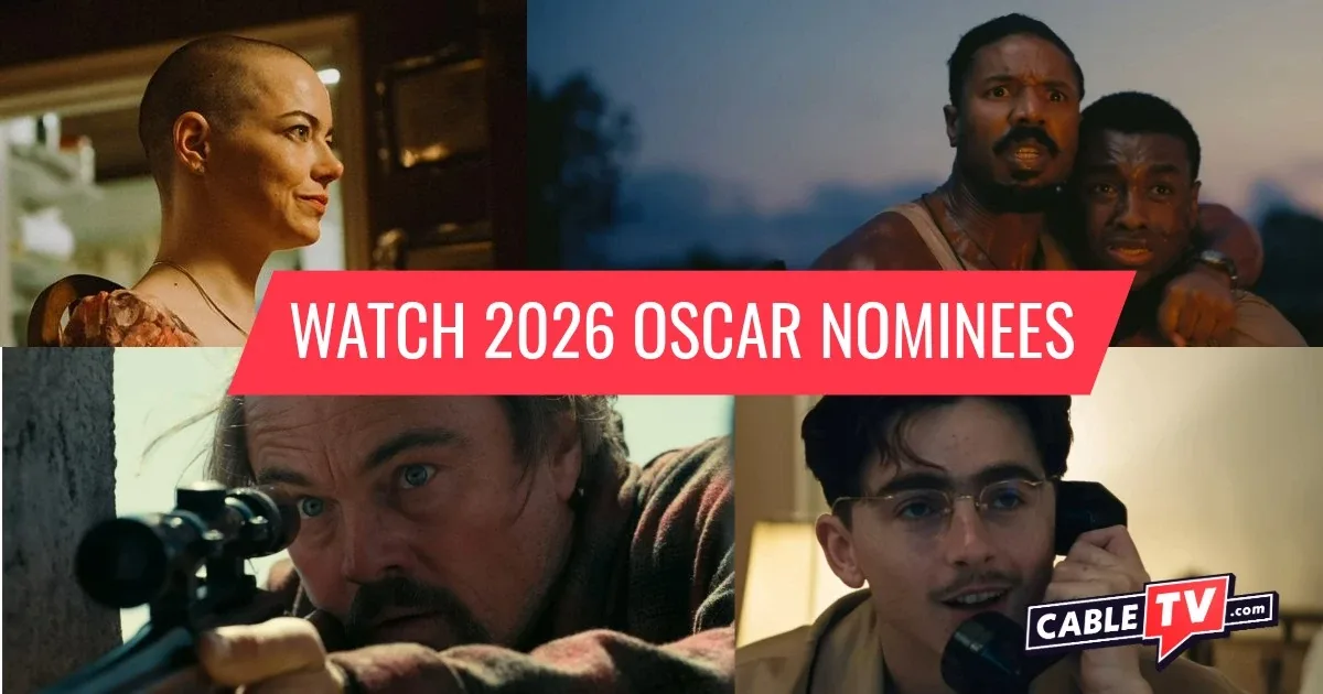 A collage of still images from Bugonia, Sinners, One Battle After Another, and Marty Supreme, movies featured in CableTV.com’s guide, “Where to Watch Oscar Best Picture Nominees.”