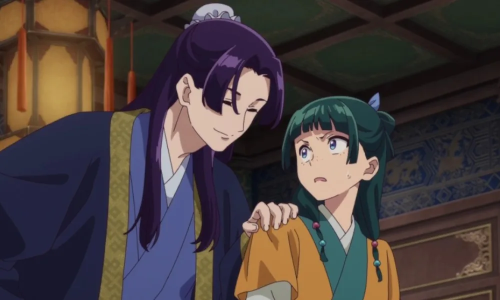 An animated man with long purple hair places his hand on the shoulder of a short woman with dark green hair, who looks upset while he smiles.