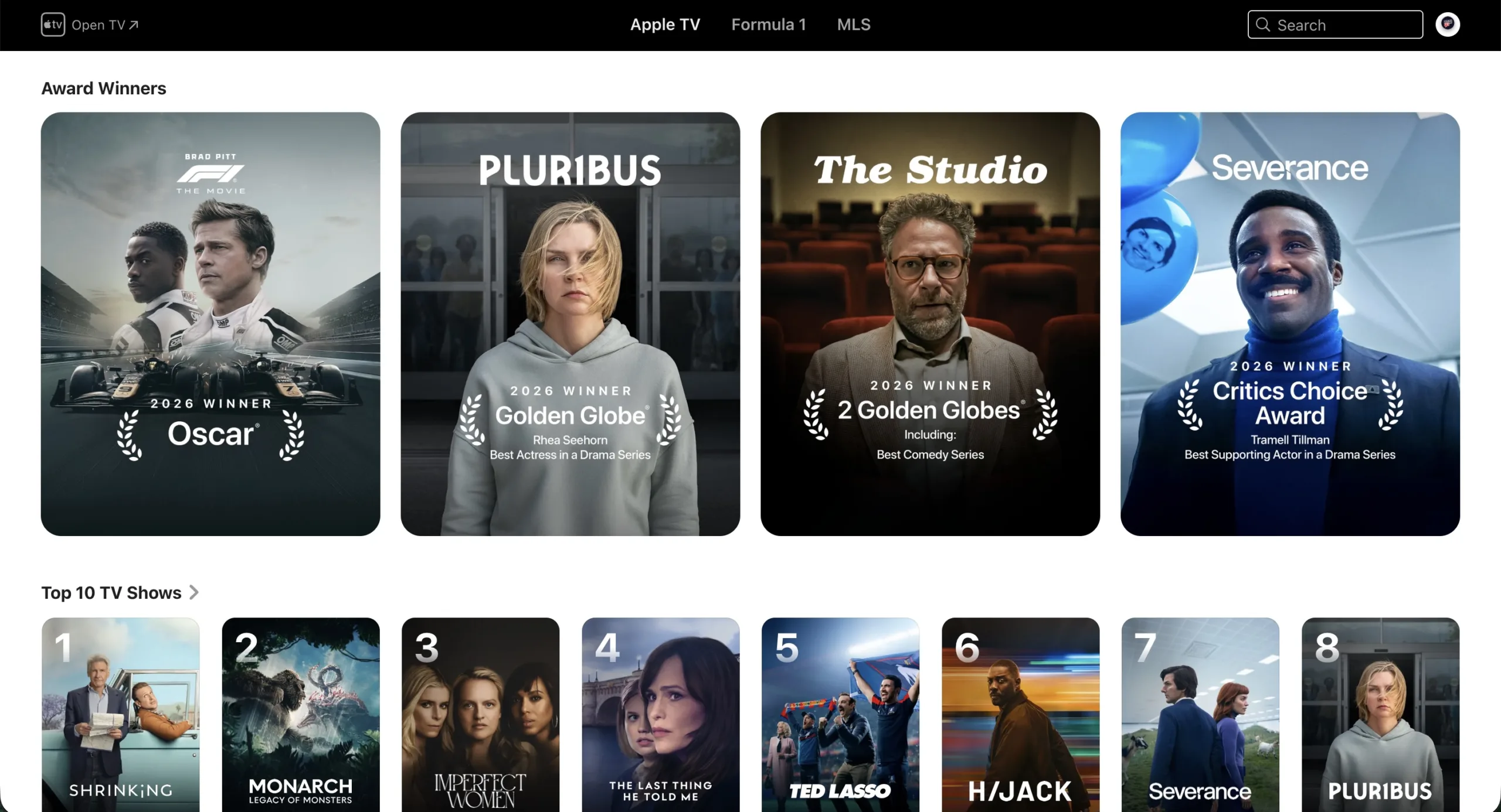 Apple TV Award Winners Apple TV streaming service viewed in browser showing 2026 award-winning programming.