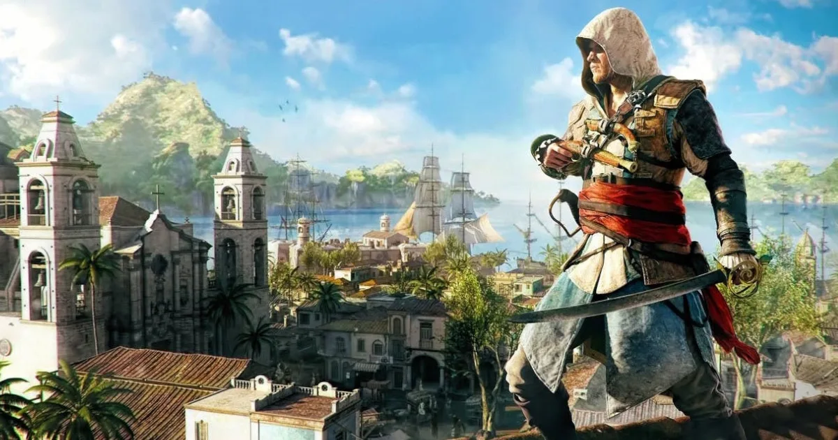 An assassin in a white hood stands over a European city.