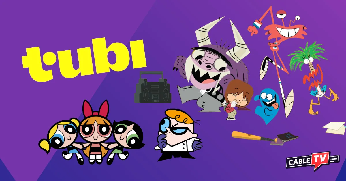 The Tubi logo with the Powerpuff Girls, Dexter from Dexter's Lab, and the cast of Foster's Home for Imaginary Friends.