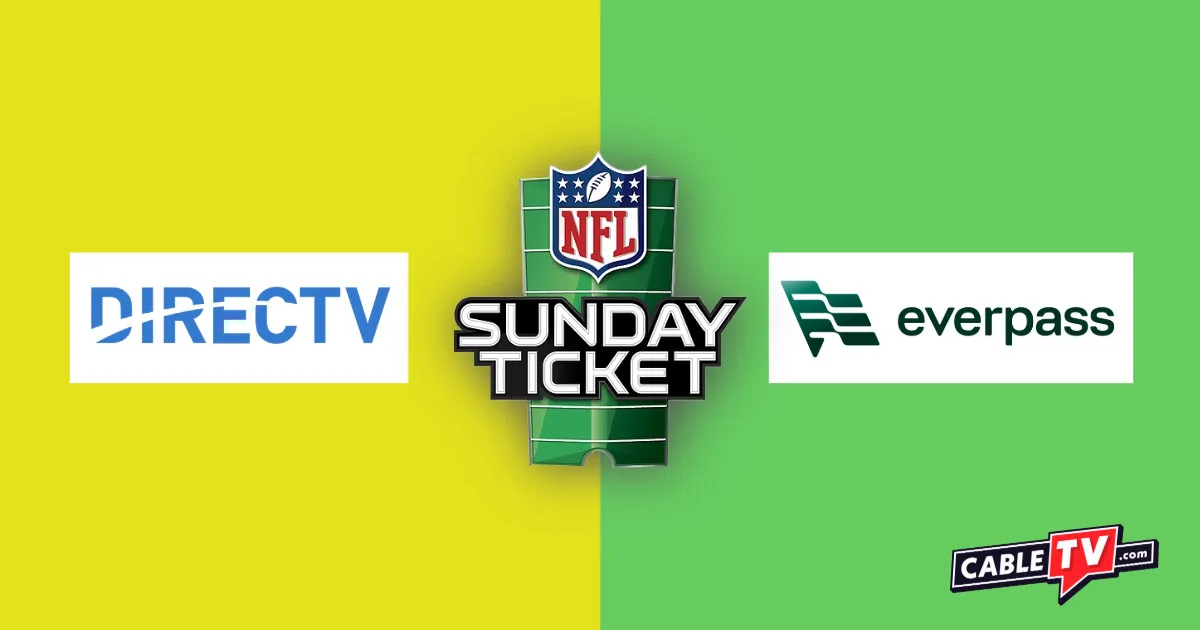 The logos of DIRECTV, EverPass, and NFL Sunday Ticket on a yellow and green background.