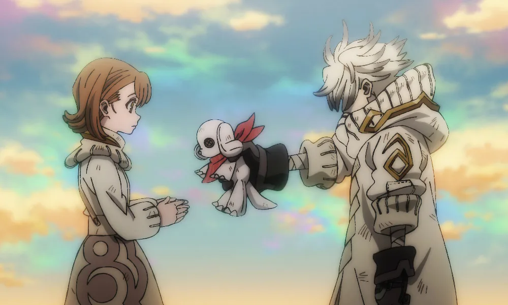 A white-haired anime boy hands a stuffed animal toy to a girl in futuristic clothes.