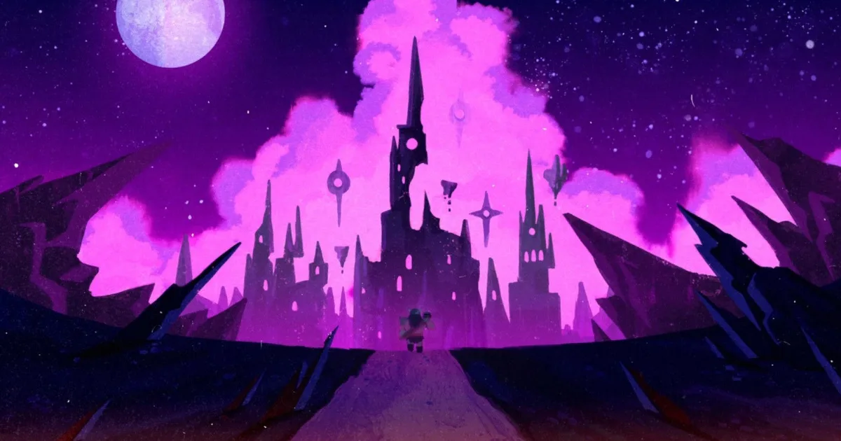 A purple landscape featuring a fantastical castle in a pink cloud. A warrior man and his son walk towards it, but are small in the frame due to how zoomed out the camera is.