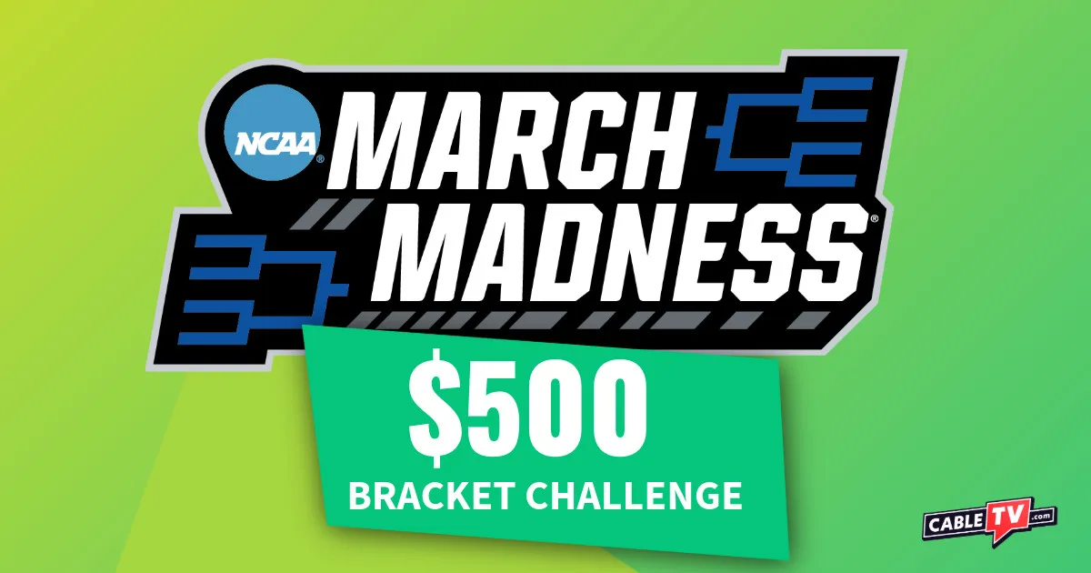The NCAA March Madness logo on a green and yellow gradient background with text that says $500 Bracket Challenge.