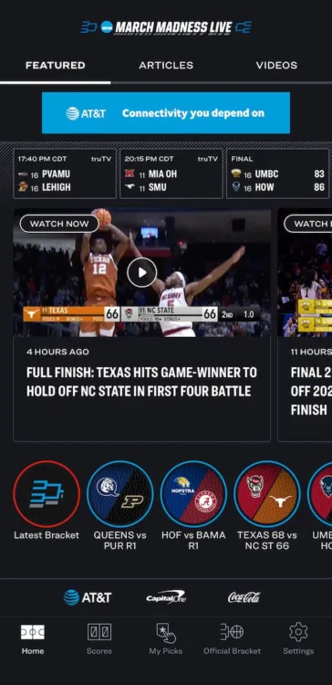 A screenshot of the NCAA March Madness Live app home screen showing upcoming games and video highlights.