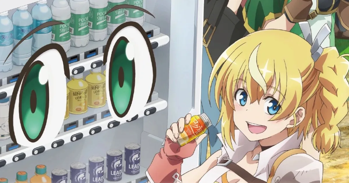 A blonde girl drinking a beverage from a vending machine with eyes.