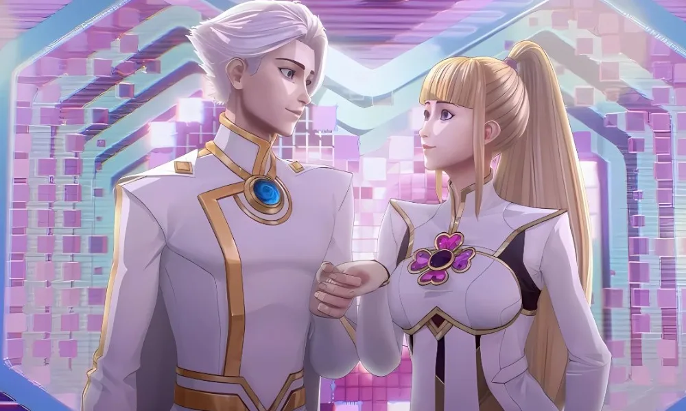 A white-haired man in a superhero costume takes the hand of a blonde woman in a matching costume.