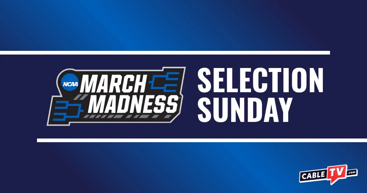 March Madness logo and "Selection Sunday" on a dark blue background