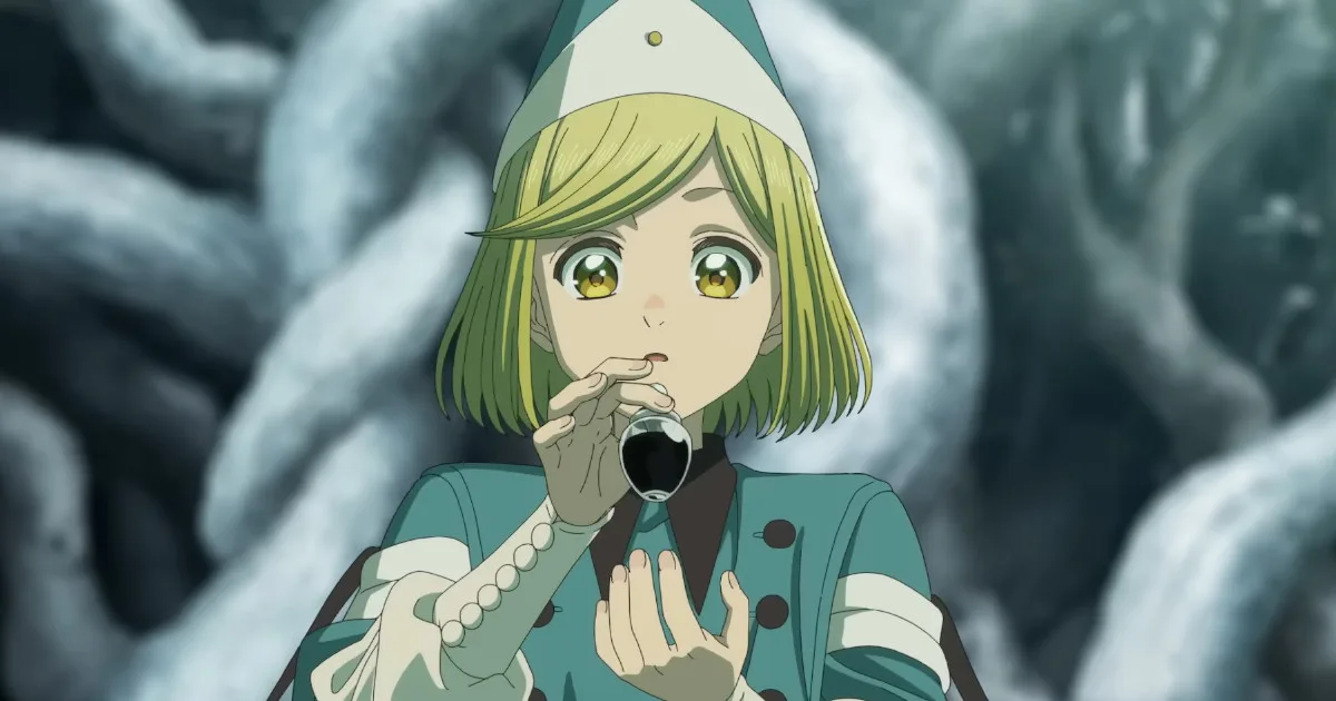An anime girl with green hair and a pointy hat holds a vial of black liquid.