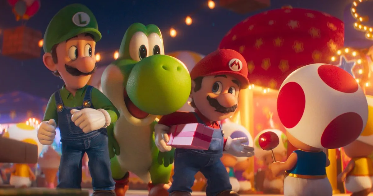 Luigi, Yoshi, and Mario attend a festival with Toad. Yoshi looks excited, while the other characters are mildly surprised.