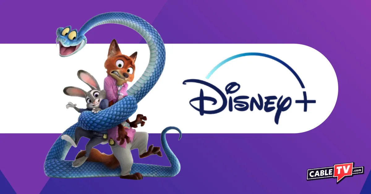 Judy Hopps and Nick Wilde from Zootopia, restrained by a snake in the shape of the number "2," next to the Disney+ logo.