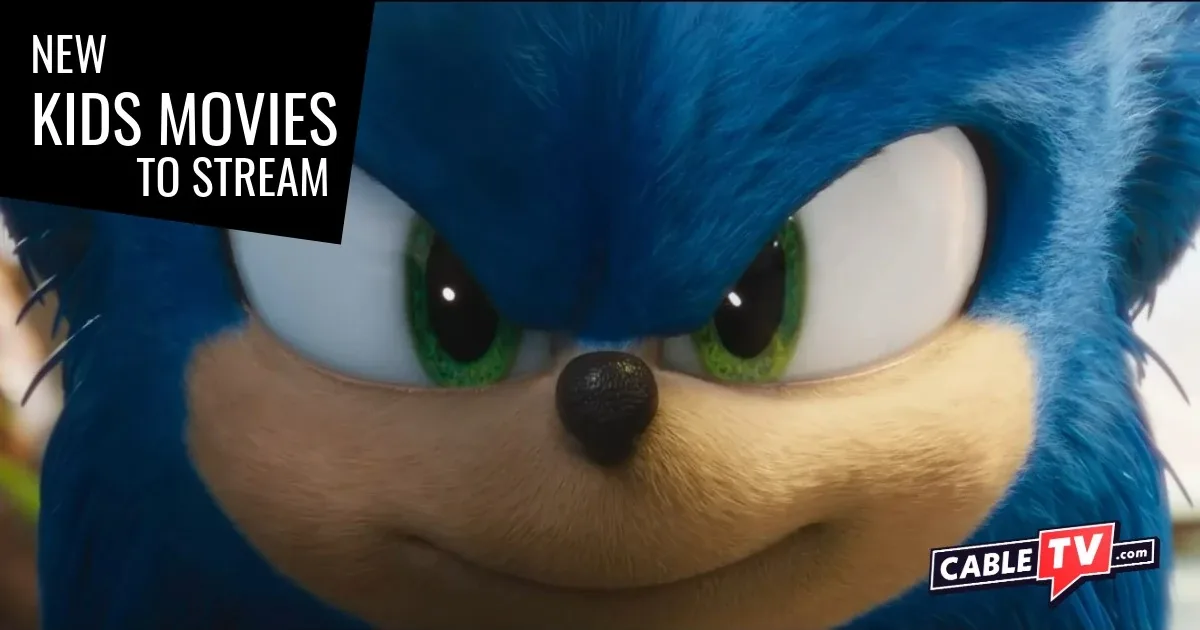 An extreme close-up shot of a furry blue hedgehog with green eyes. It's staring directly into the camera. A scene from Sonic the Hedgehog, one of the Best New Kids Movies to Stream in March 2026.