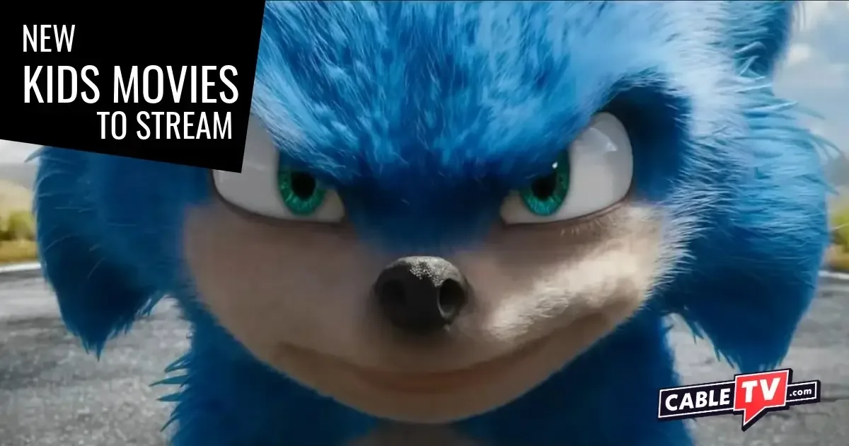 An extreme close-up shot of a furry blue hedgehog with green eyes. It's staring directly into the camera. A scene from Sonic the Hedgehog, one of the Best New Kids Movies to Stream in March 2026.