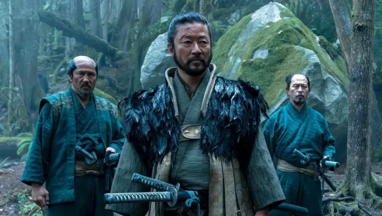 a scene from the tv show shogun with three characters standing in the woods