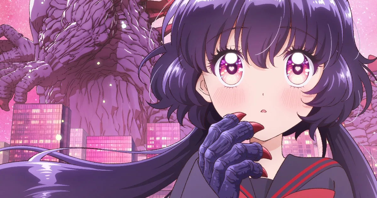 An anime girl mid-transformation holds a monster claw to her face.