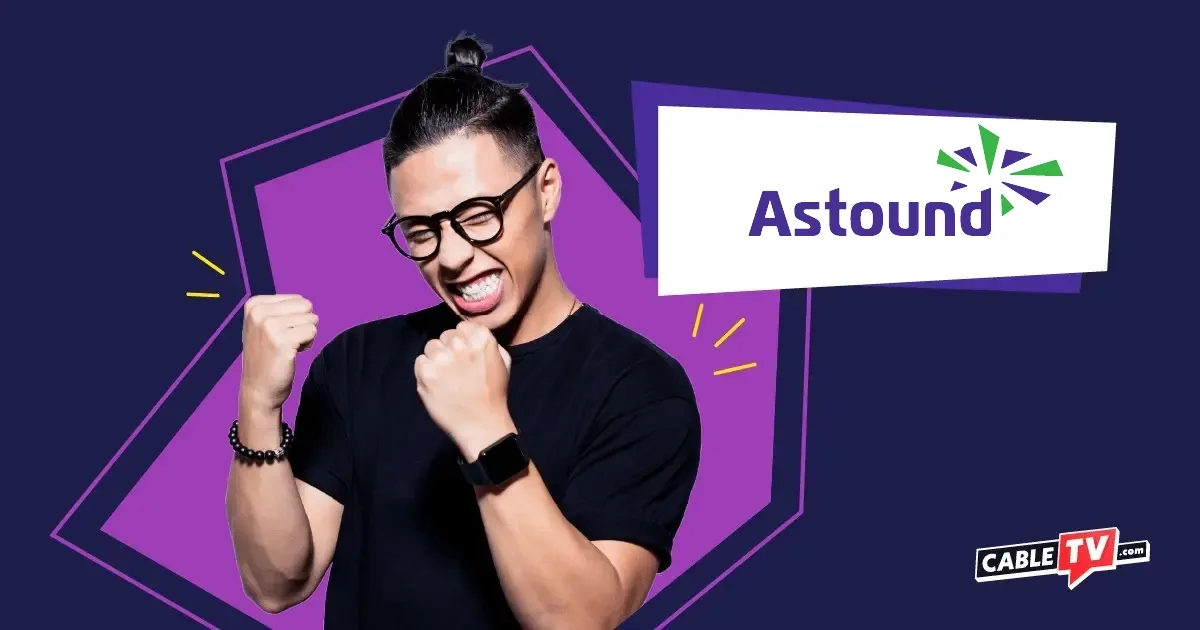 a graphic showing an enthusiastic man with the astound logo