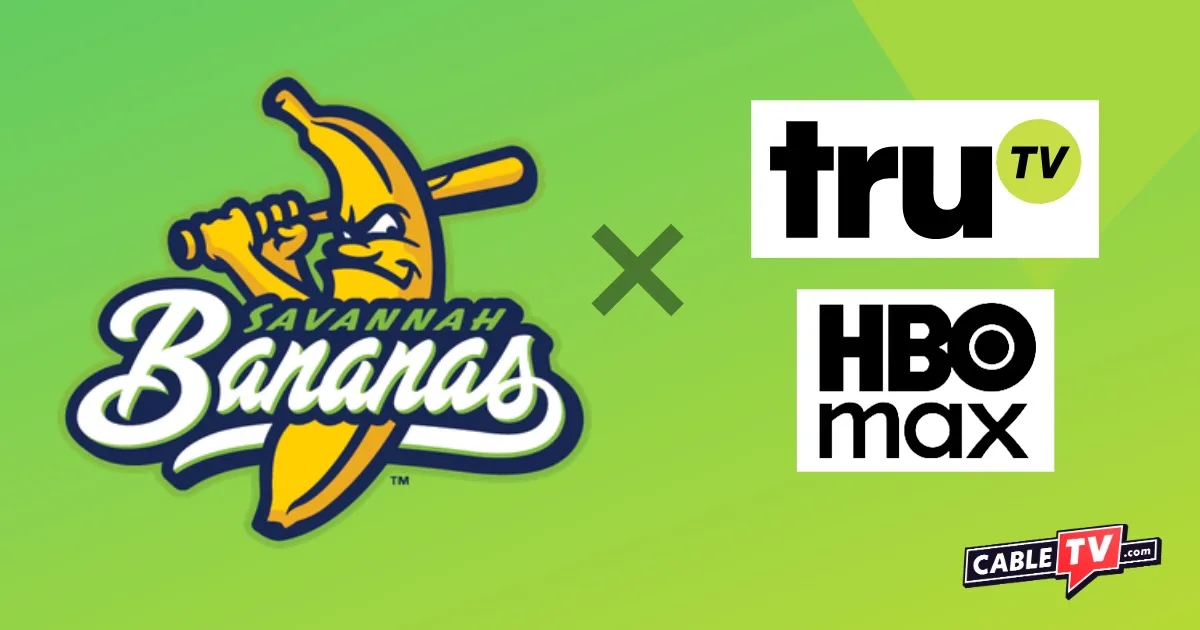 Logos for Savannah Bananas, truTV, and HBO Max on a lime green background
