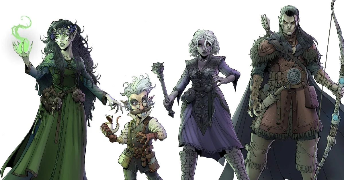 Illustrations of four D&D characters: a hexblood sorcerer, a gnome artificer, a drow cleric, and a dhampir ranger.