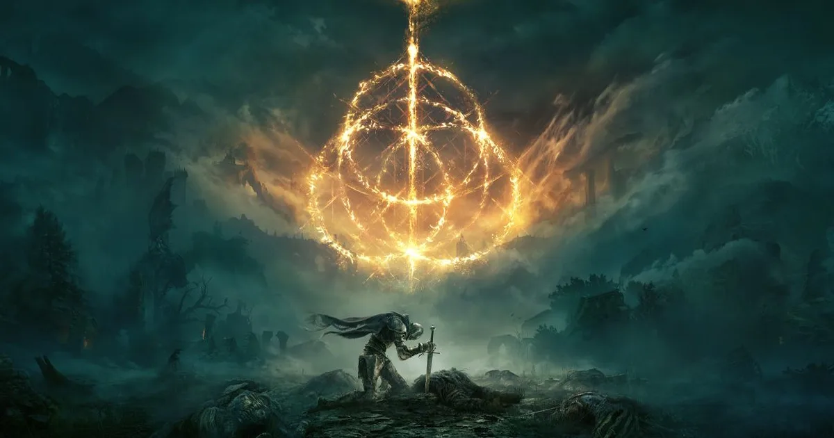 A knight kneeling with a sword under a glowing rune made of three circles.