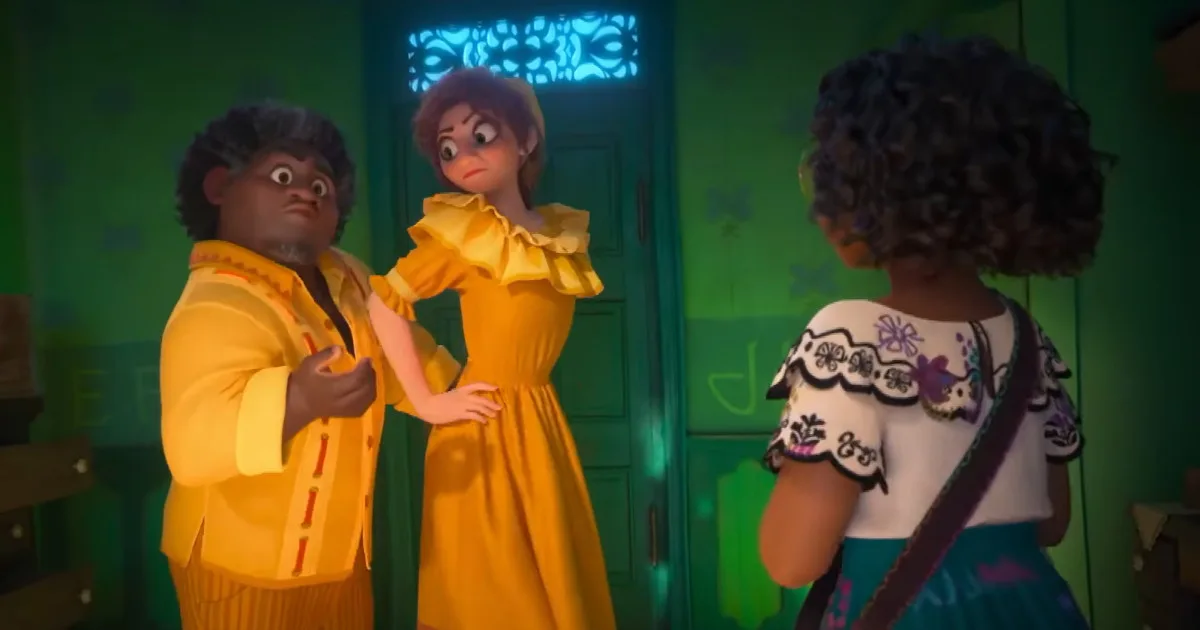 A screenshot from "We Don't Talk About Bruno" featuring Mirabel's aunt and uncle.